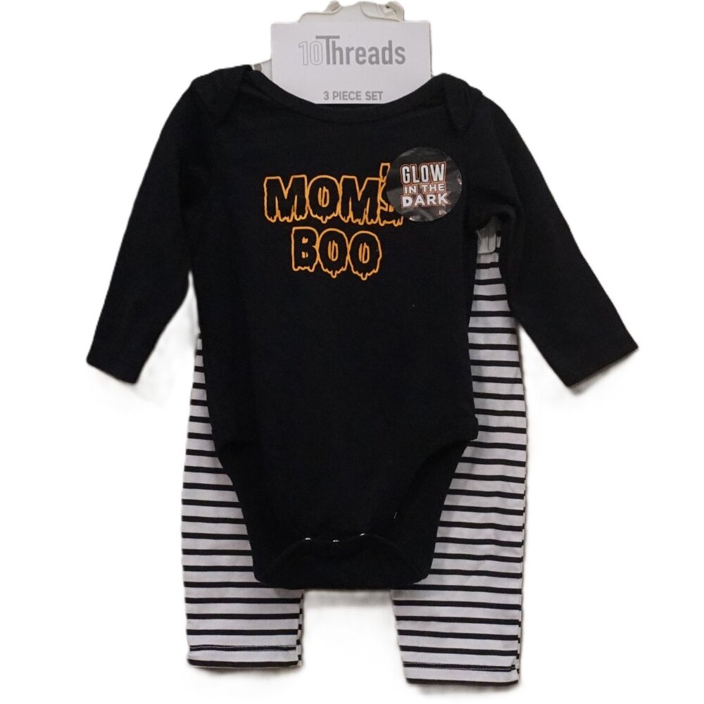 10 Threads 3 Piece Set “Mom’s Boo” Long Sleeve Bodysuit with Leggings & Beanie